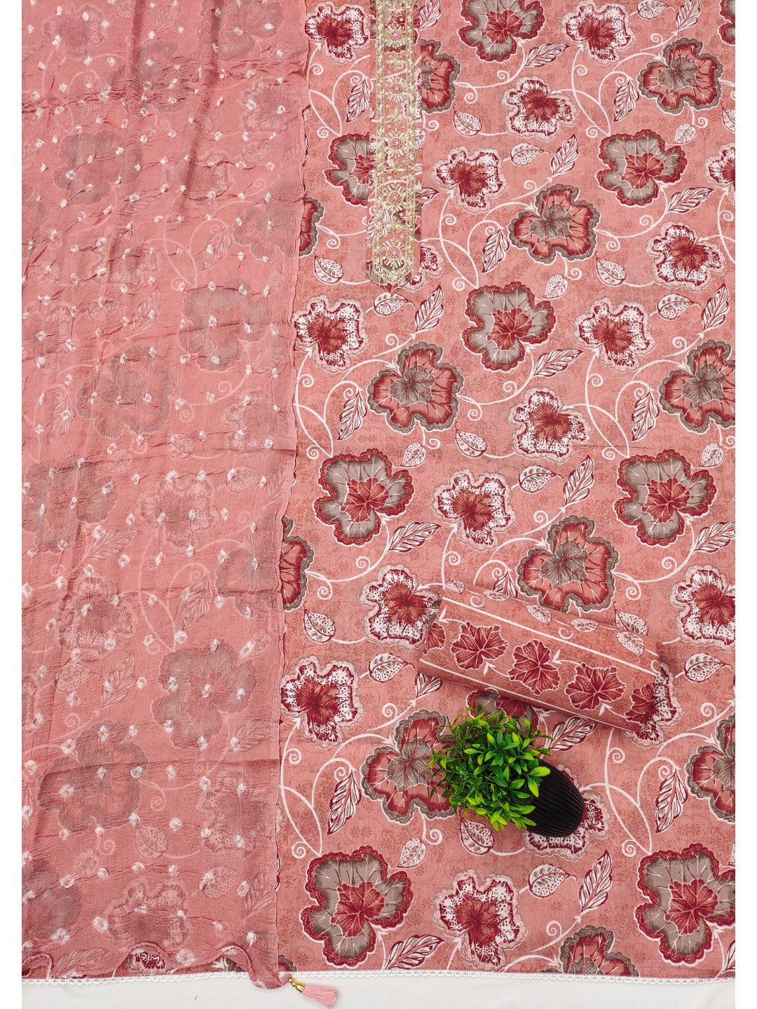 Pink Floral Printed Pure Cotton Dress Material With Hand Embroidered Neckline - Image 2