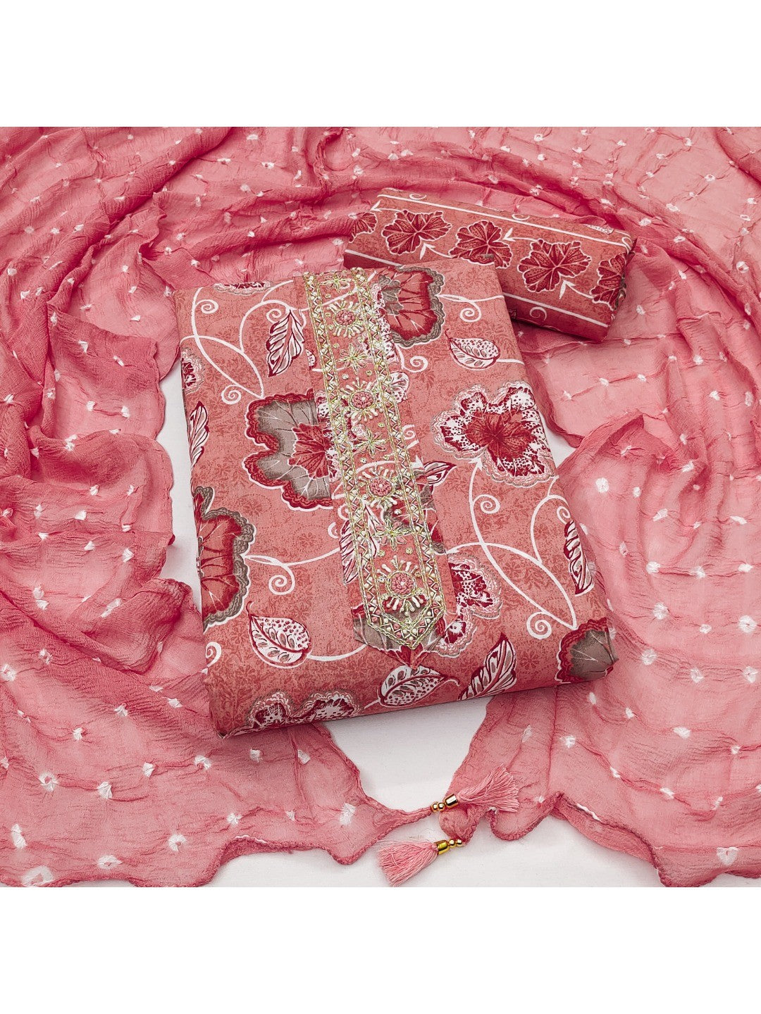 Pink Floral Printed Pure Cotton Dress Material With Hand Embroidered Neckline - Image 3