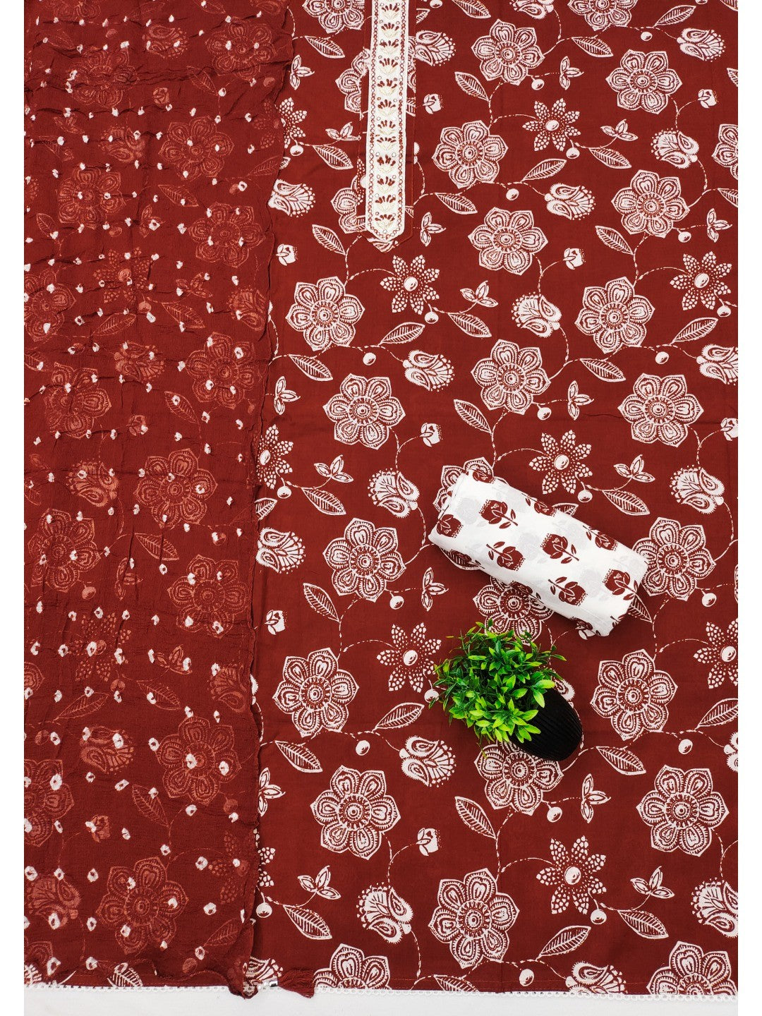 Classic Maroon Floral Printed Pure Cotton Dress Material With Embroidered Neckline - Image 3