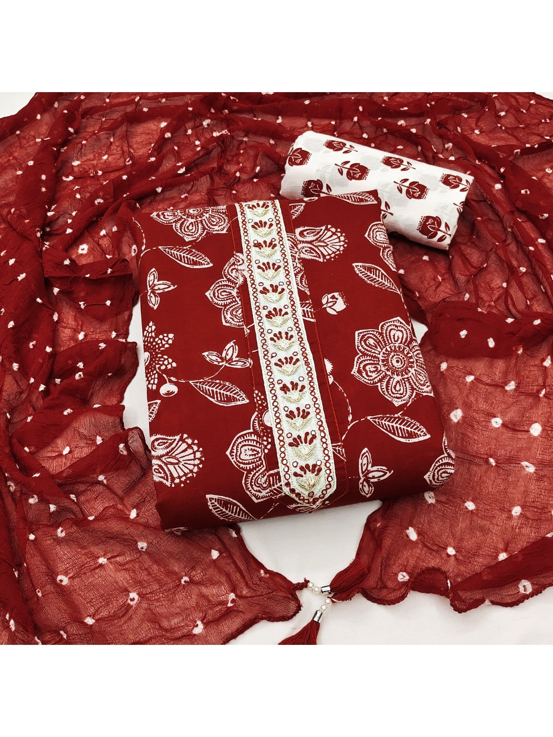 Classic Maroon Floral Printed Pure Cotton Dress Material With Embroidered Neckline - Image 1