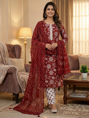 Classic Maroon Floral Printed Pure Cotton Dress Material With Embroidered Neckline - Image 1