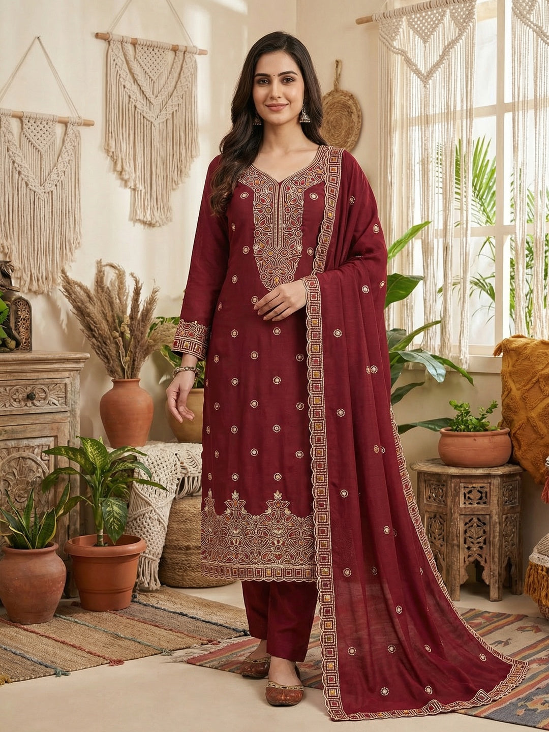 Maroon Thread Embroidered Vichitra Silk Dress Material - Image 2