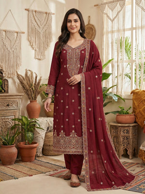 Maroon Thread Embroidered Vichitra Silk Dress Material - Image 2