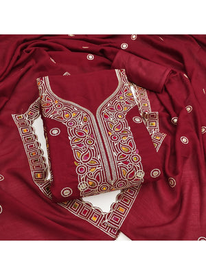 Maroon Thread Embroidered Vichitra Silk Dress Material - Image 2