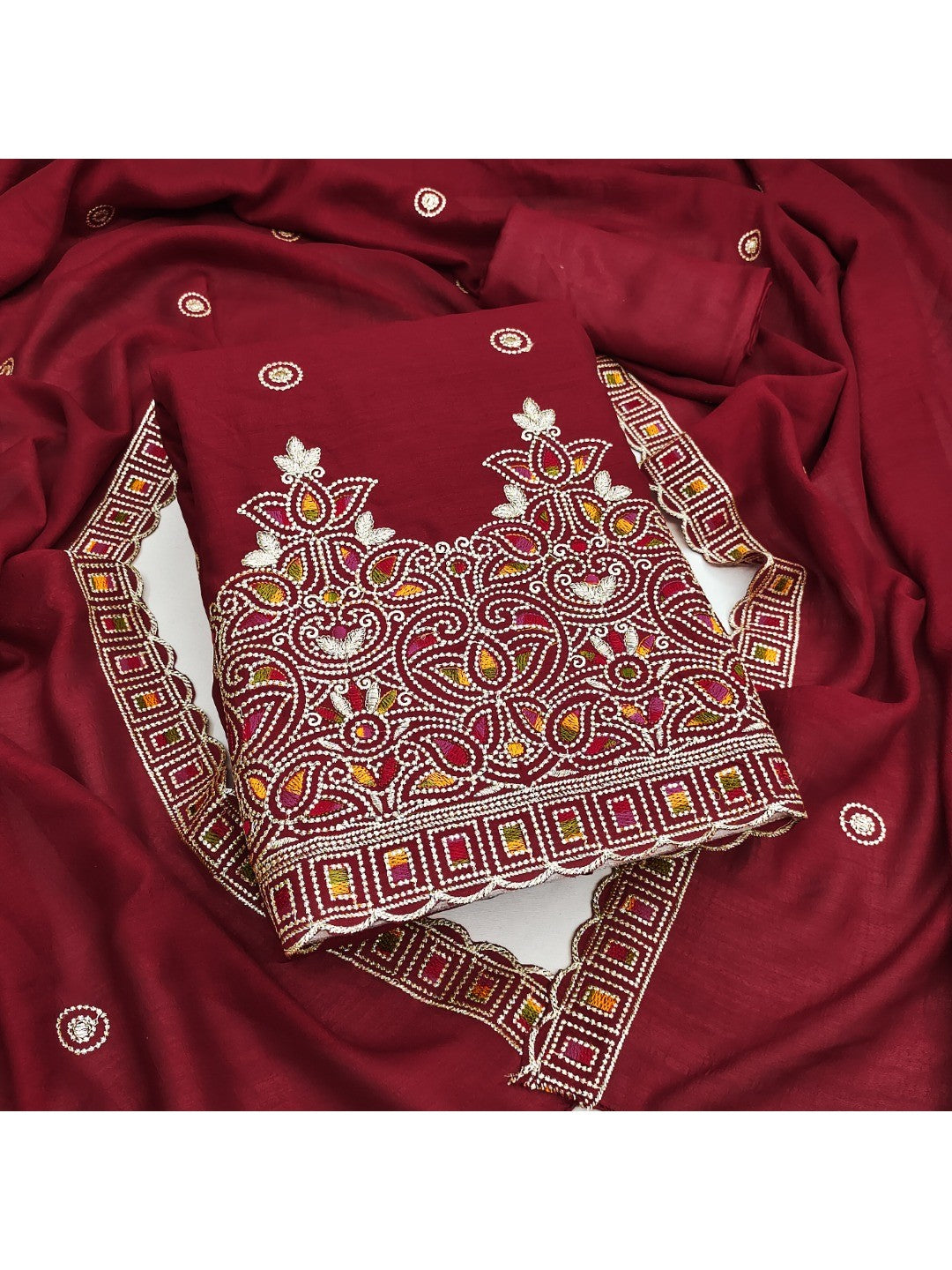 Maroon Thread Embroidered Vichitra Silk Dress Material - Image 1