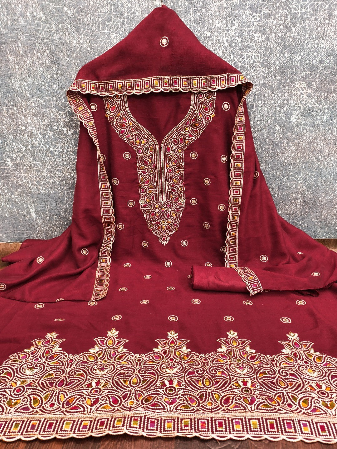 Maroon Thread Embroidered Vichitra Silk Dress Material - Image 3
