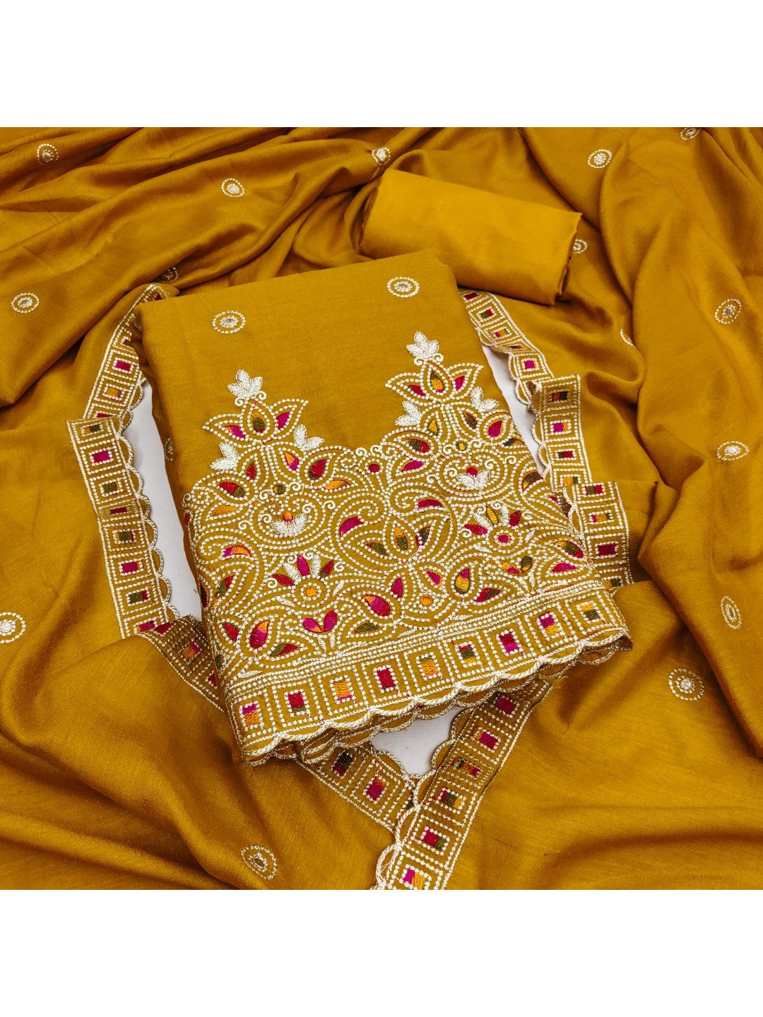 Mustard Thread Embroidered Vichitra Silk Dress Material - Image 1