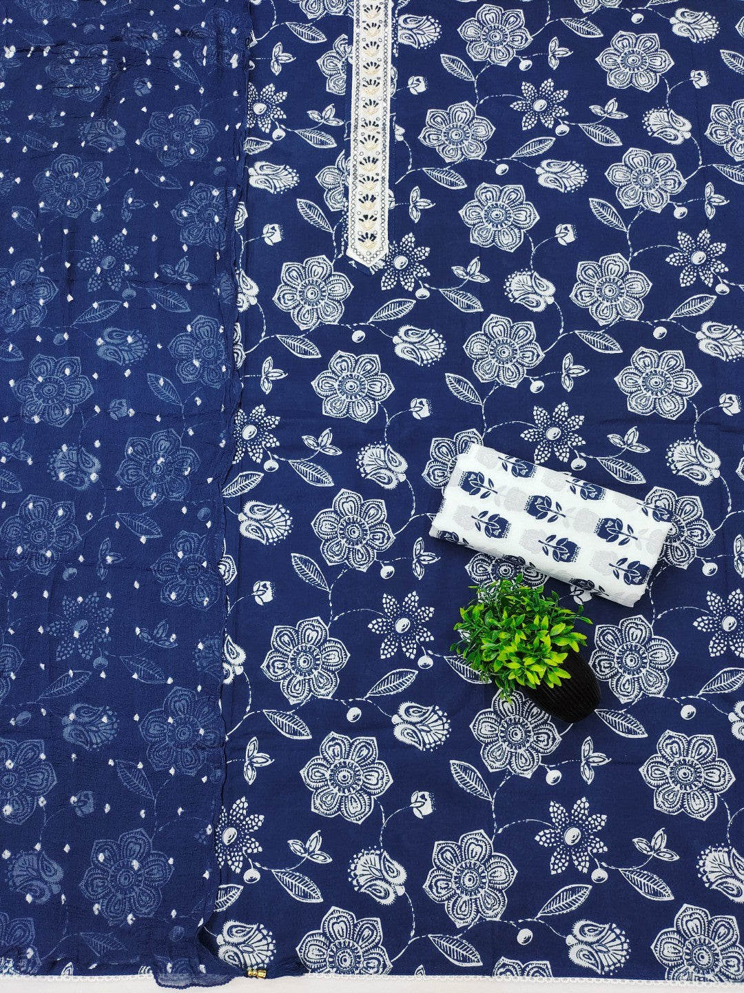 Classic Blue Floral Printed Pure Cotton Dress Material With Embroidered Neckline - Image 3