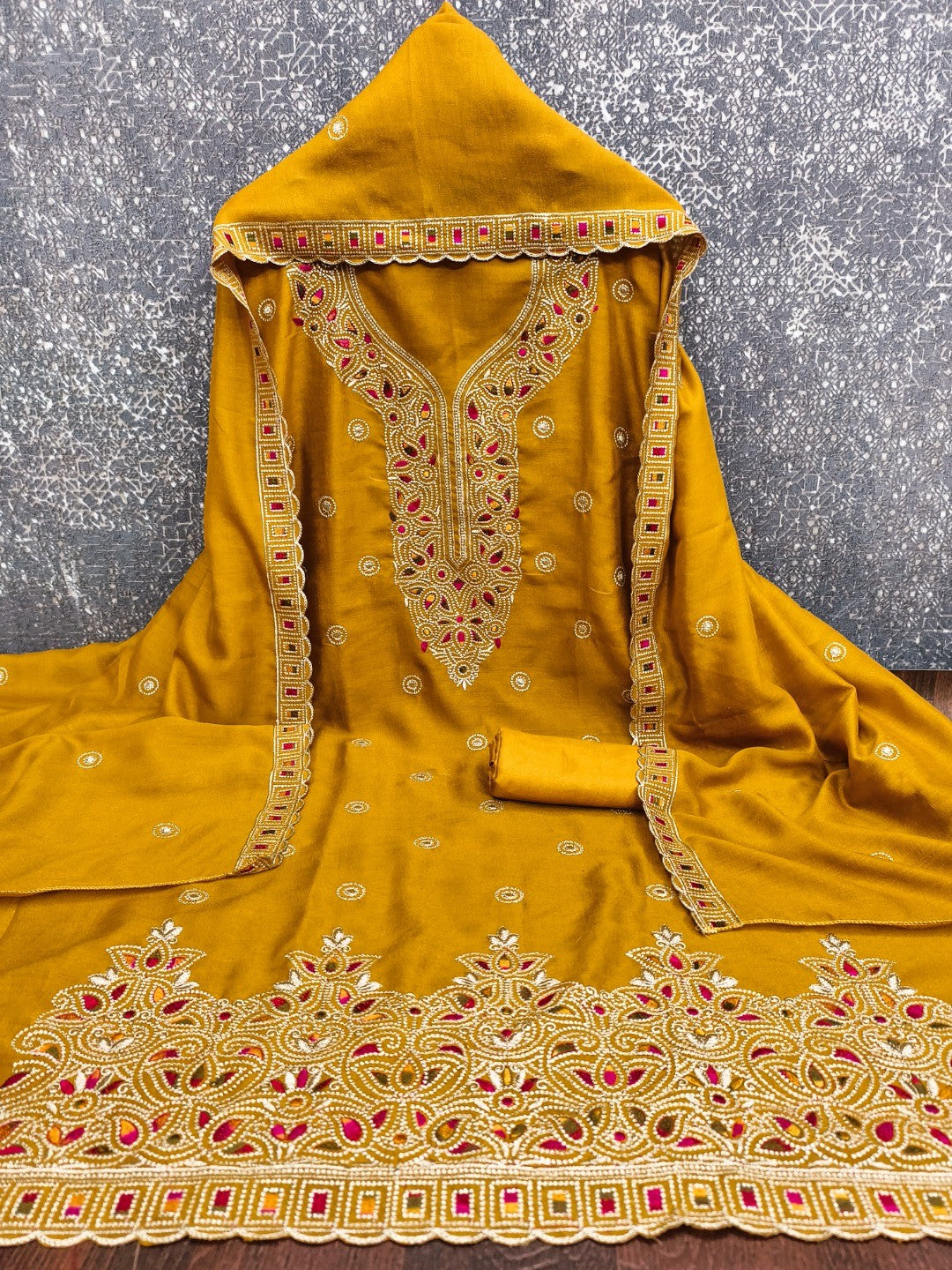 Mustard Thread Embroidered Vichitra Silk Dress Material - Image 4