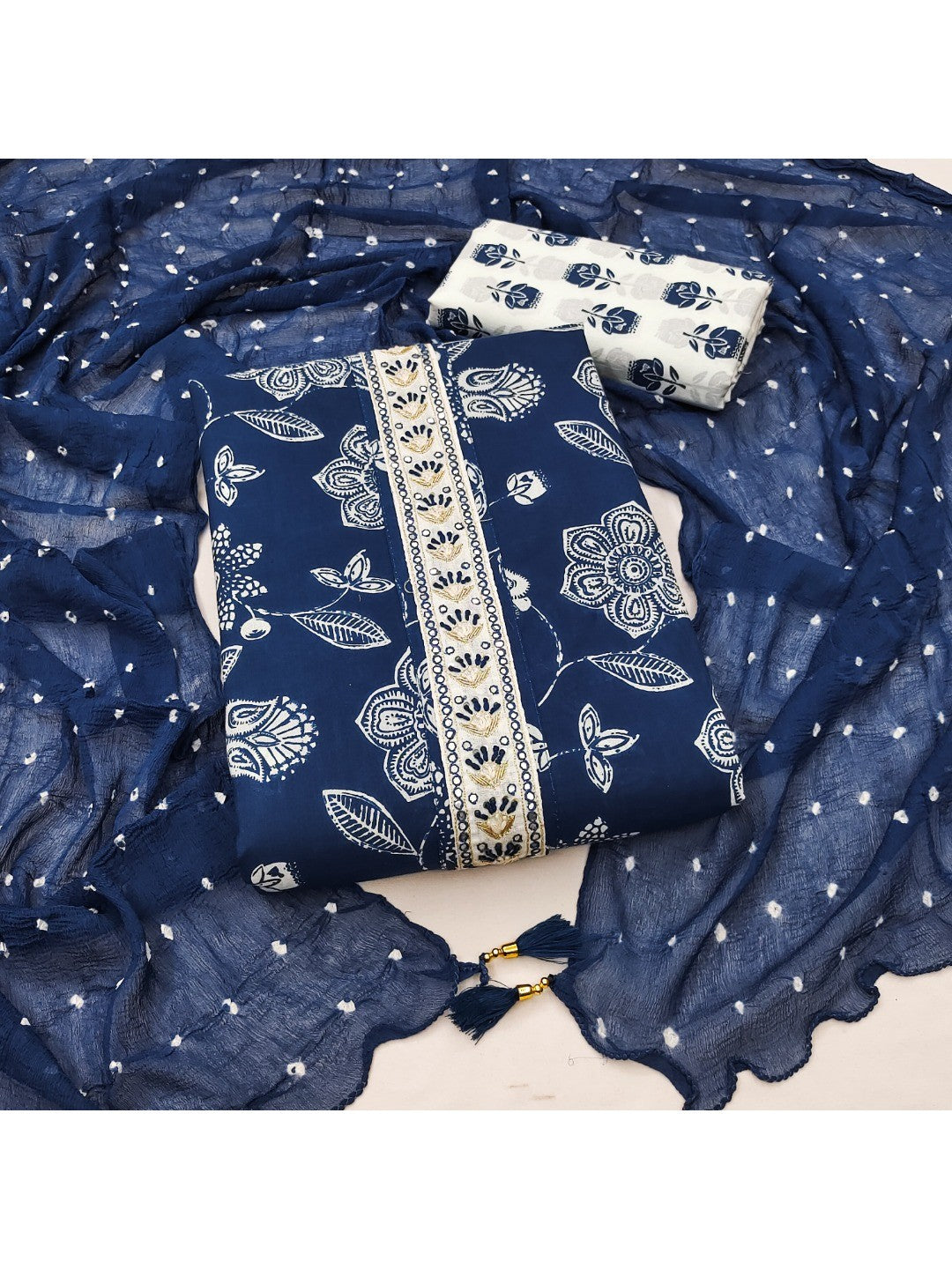 Classic Blue Floral Printed Pure Cotton Dress Material With Embroidered Neckline - Image 1
