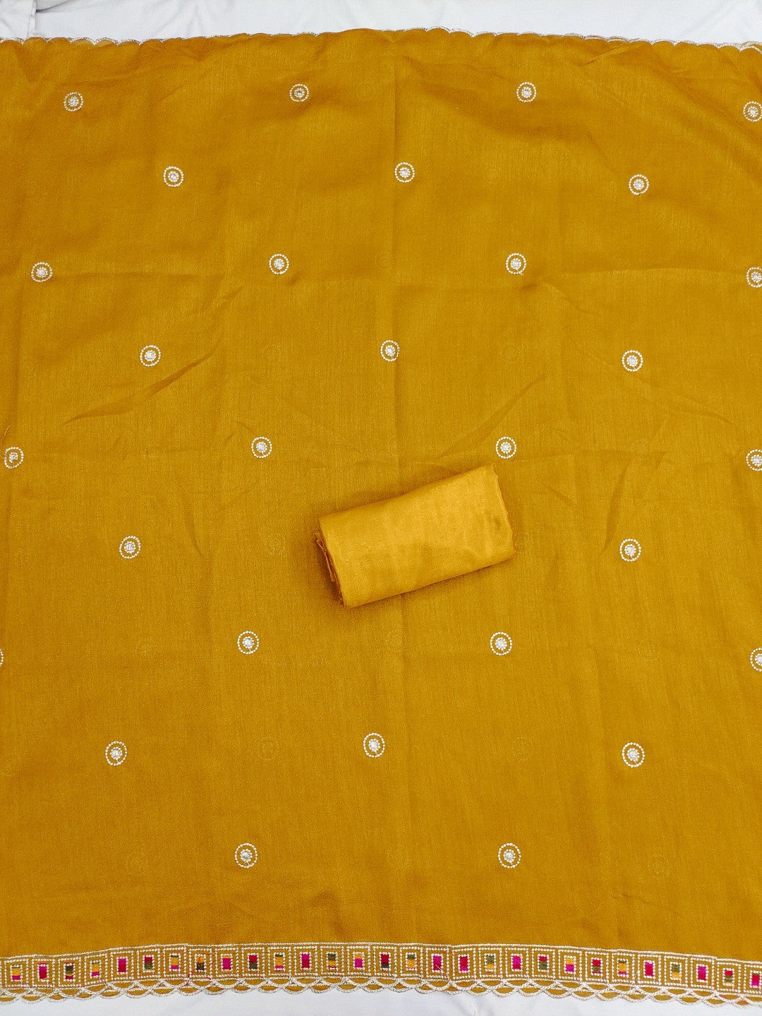Mustard Thread Embroidered Vichitra Silk Dress Material - Image 5
