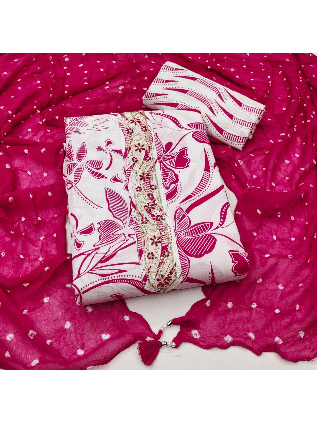 Traditional Pink & White Floral Printed Pure Cotton Dress Material With Embroidered Neck Work - Image 1