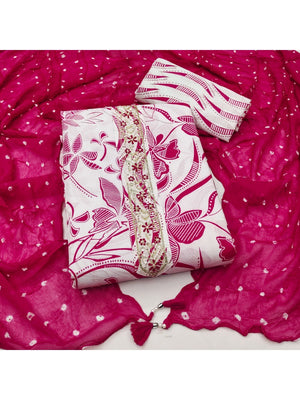 Traditional Pink & White Floral Printed Pure Cotton Dress Material With Embroidered Neck Work - Image 1