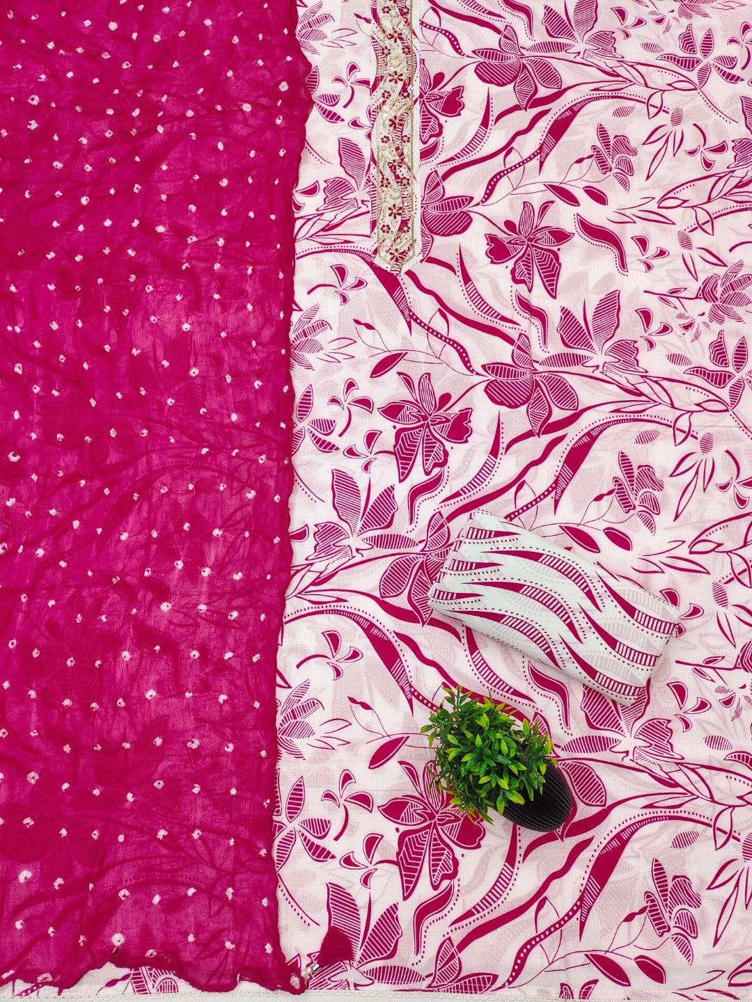 Traditional Pink & White Floral Printed Pure Cotton Dress Material With Embroidered Neck Work - Image 3