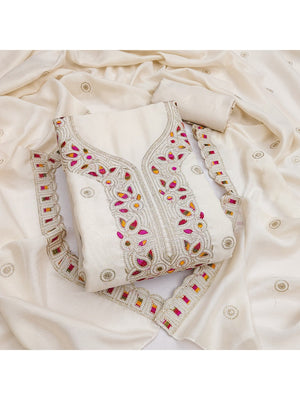 Off White Thread Embroidered Vichitra Silk Dress Material - Image 1