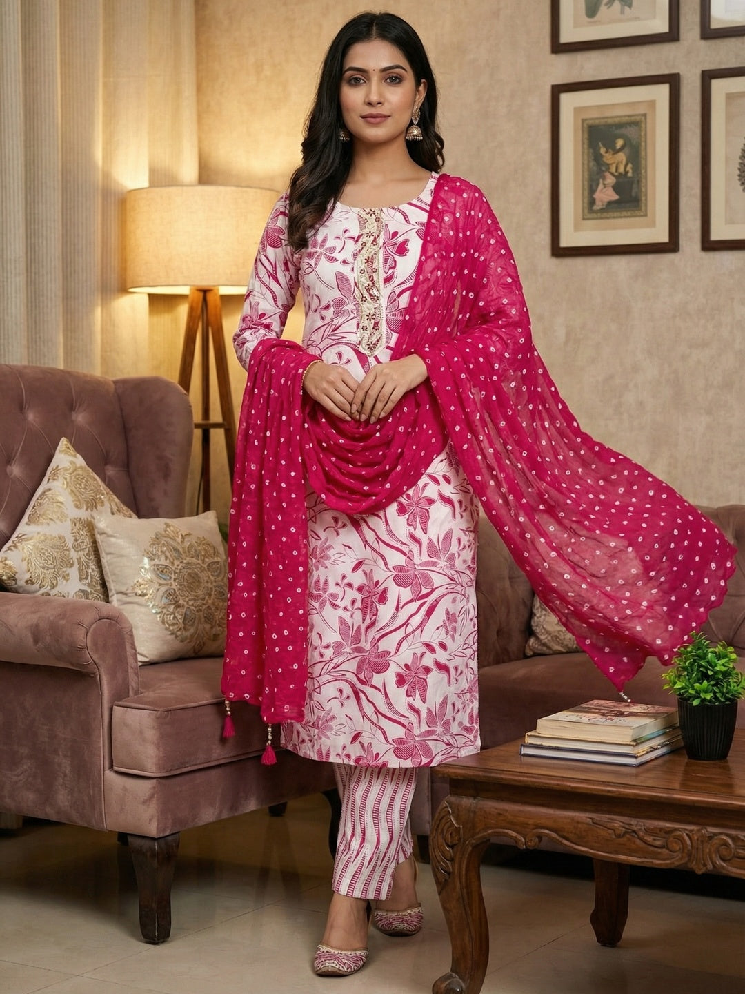 Traditional Pink & White Floral Printed Pure Cotton Dress Material With Embroidered Neck Work - Image 1