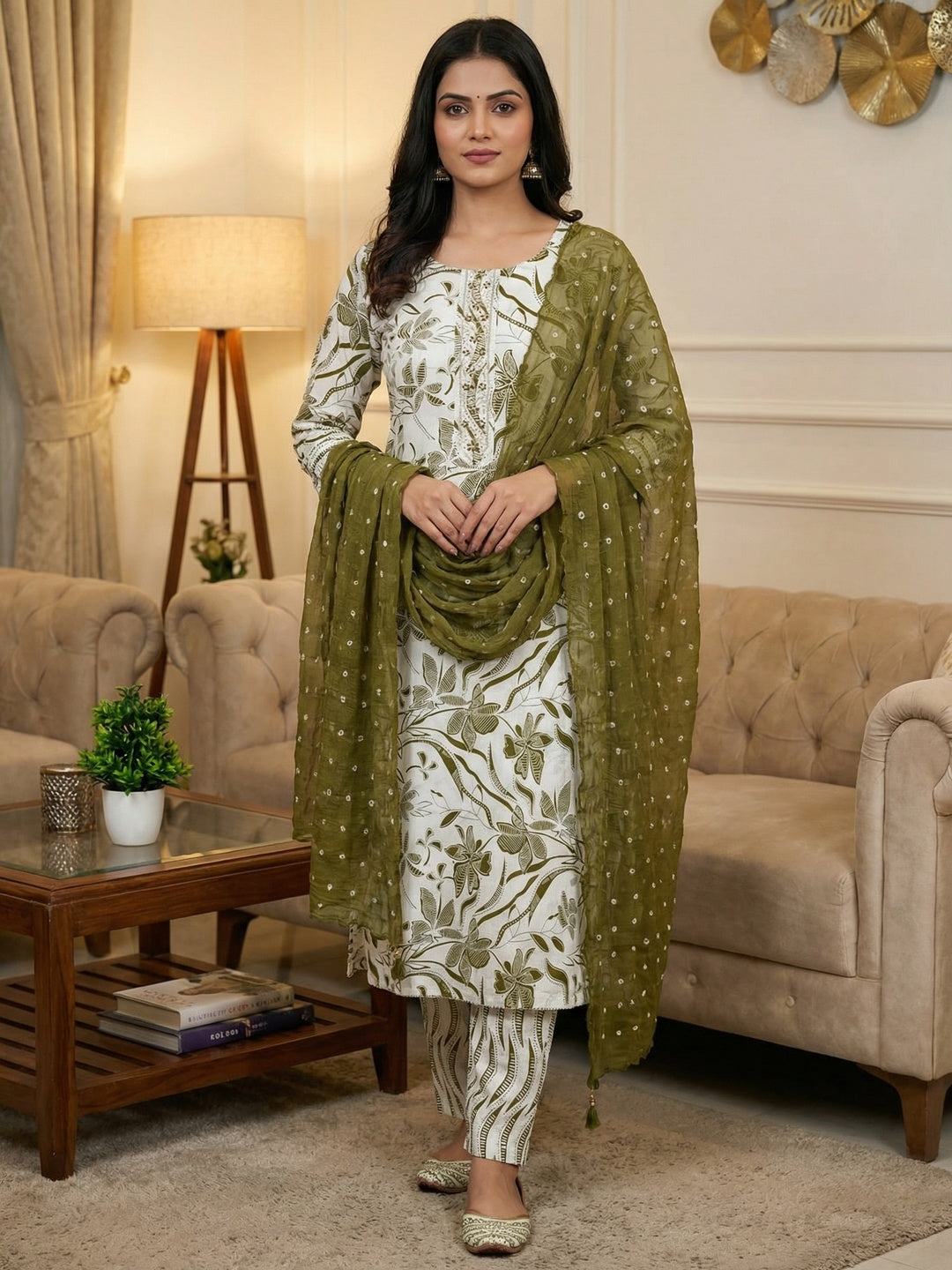 Traditional Green & White Floral Printed Pure Cotton Dress Material With Embroidered Neck Work - Image 1