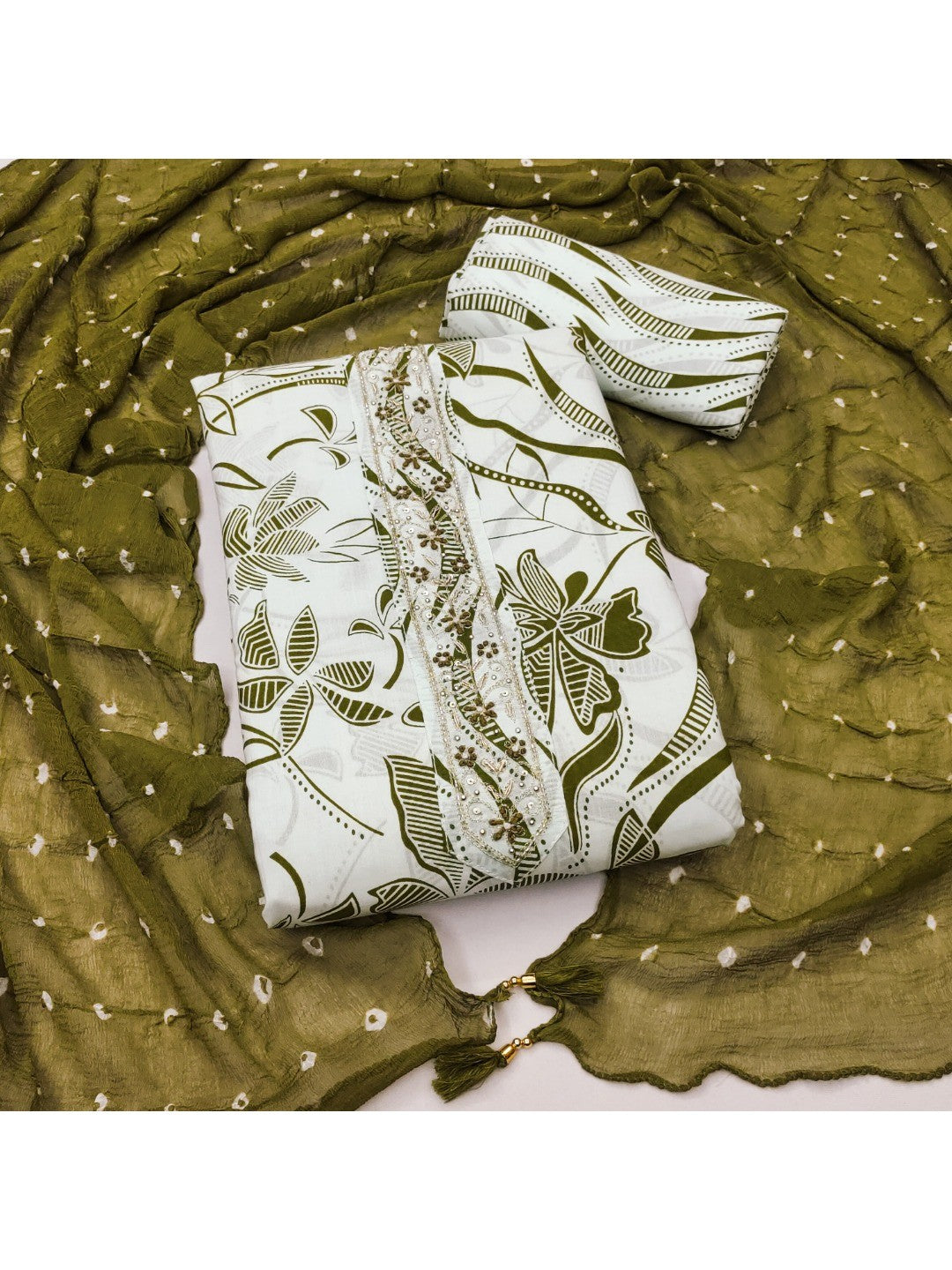 Traditional Green & White Floral Printed Pure Cotton Dress Material With Embroidered Neck Work - Image 2