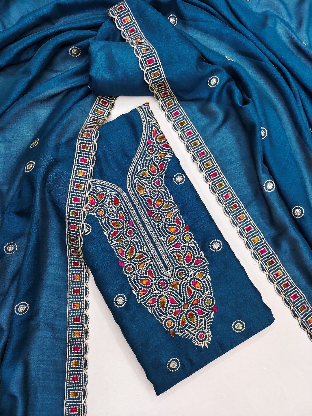 Teal Thread Embroidered Vichitra Silk Dress Material - Image 1