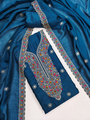 Teal Thread Embroidered Vichitra Silk Dress Material - Image 1