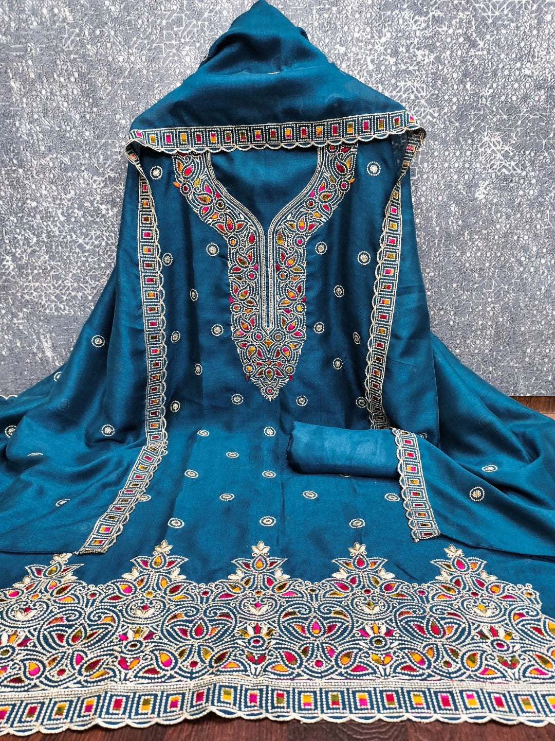 Teal Thread Embroidered Vichitra Silk Dress Material - Image 3