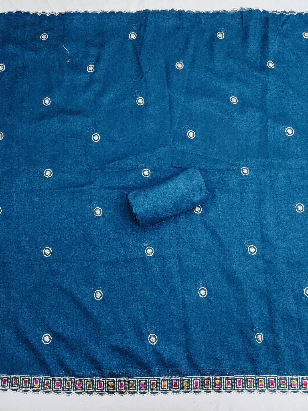 Teal Thread Embroidered Vichitra Silk Dress Material - Image 4