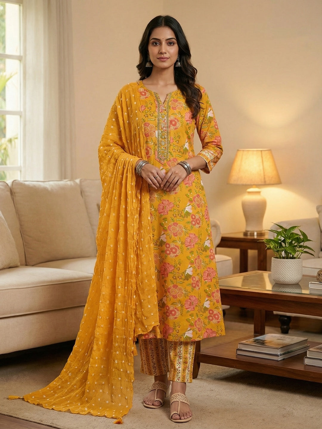 Stylish Mustard Floral Printed Pure Cotton Dress Material With Elegant Embroidered Neckline - Image 2