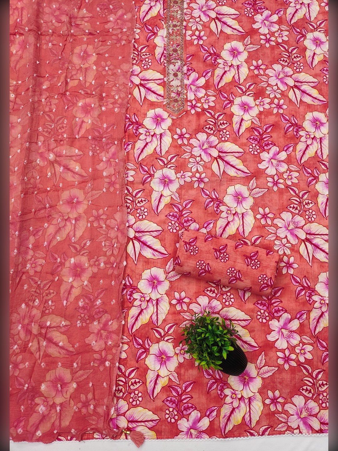 Stylish Coral Pink Floral Printed Pure Cotton Dress Material With Elegant Embroidered Neckline - Image 3
