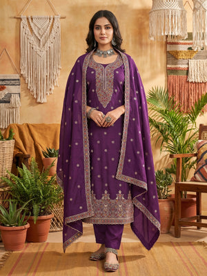 Purple Thread Embroidered Vichitra Silk Dress Material - Image 2