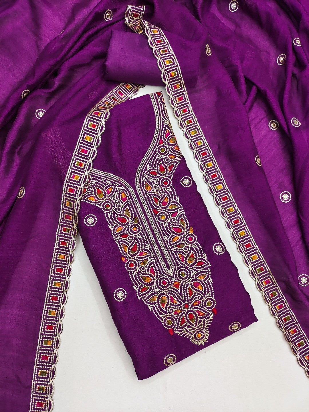 Purple Thread Embroidered Vichitra Silk Dress Material - Image 2