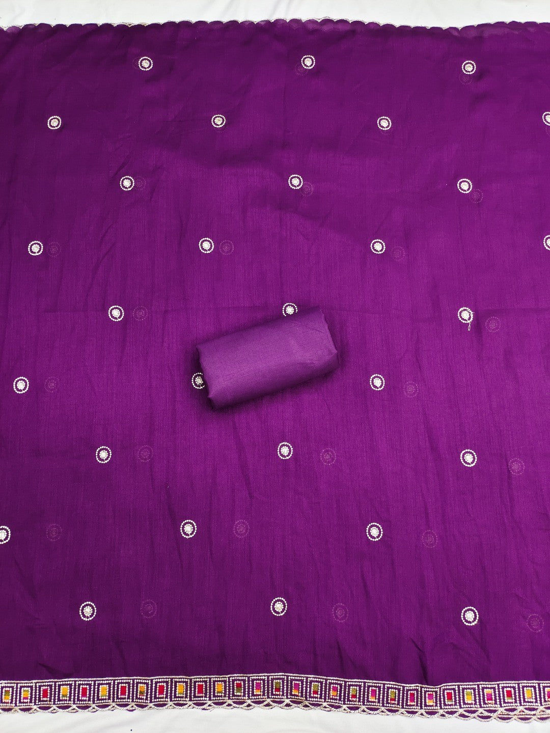 Purple Thread Embroidered Vichitra Silk Dress Material - Image 3