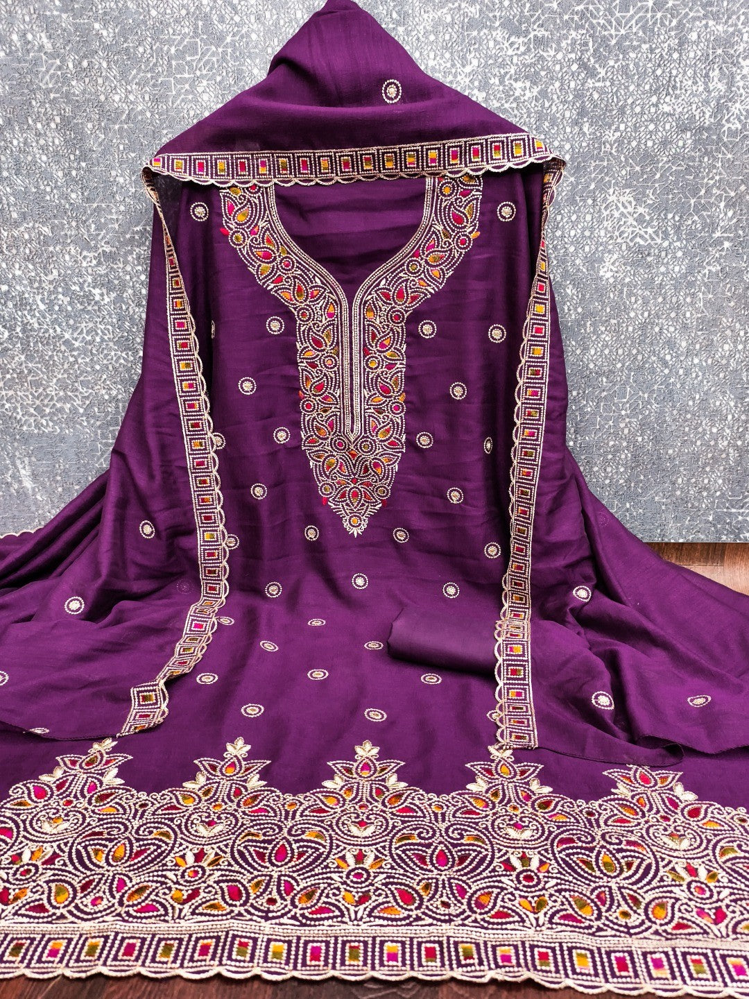 Purple Thread Embroidered Vichitra Silk Dress Material - Image 3