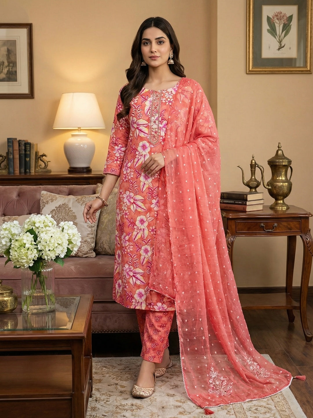 Stylish Coral Pink Floral Printed Pure Cotton Dress Material With Elegant Embroidered Neckline - Image 2