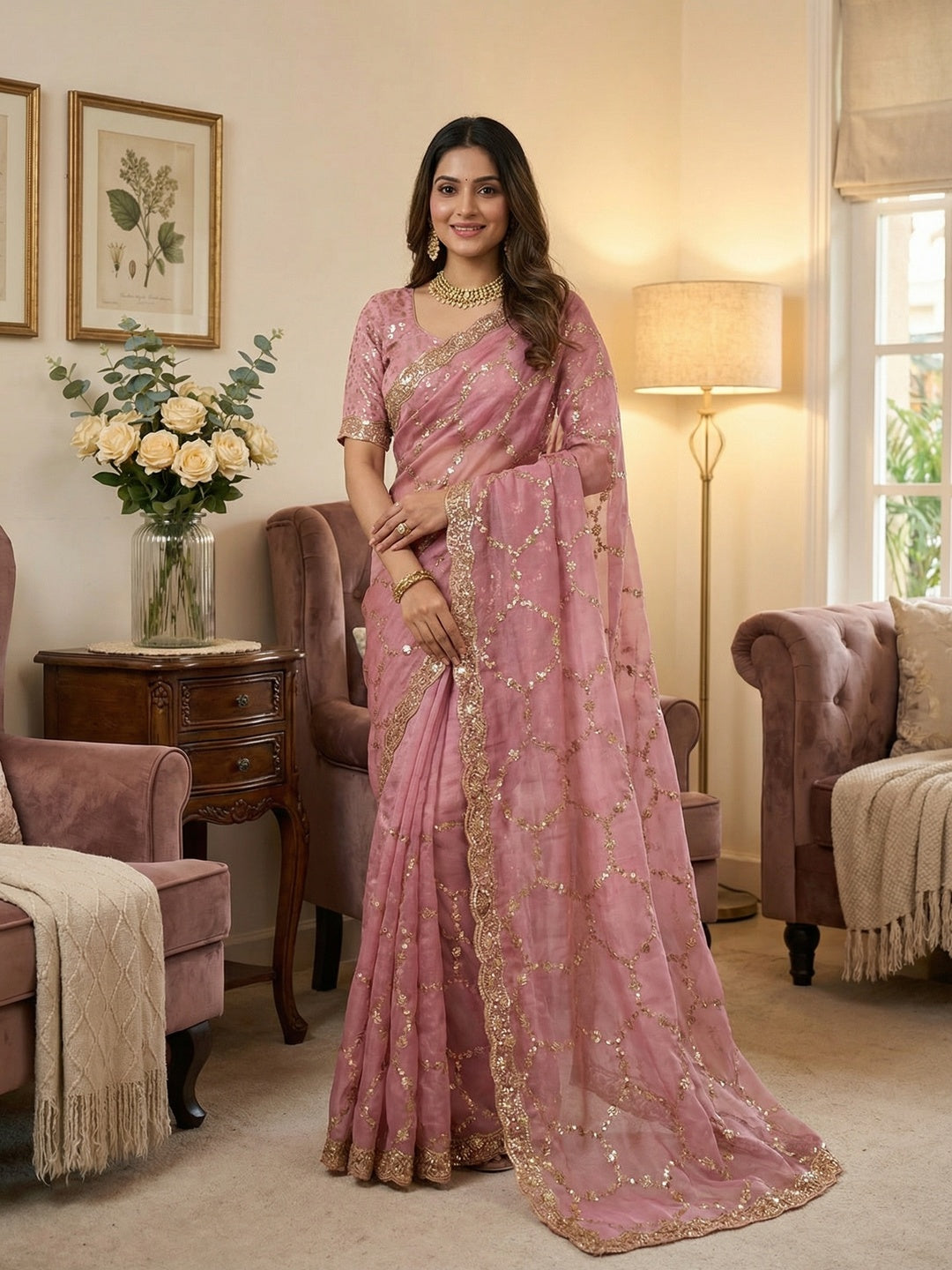 Elegant Pink Shimmer Saree Adorned With Intricate Sequins Embroidery Work - Image 1