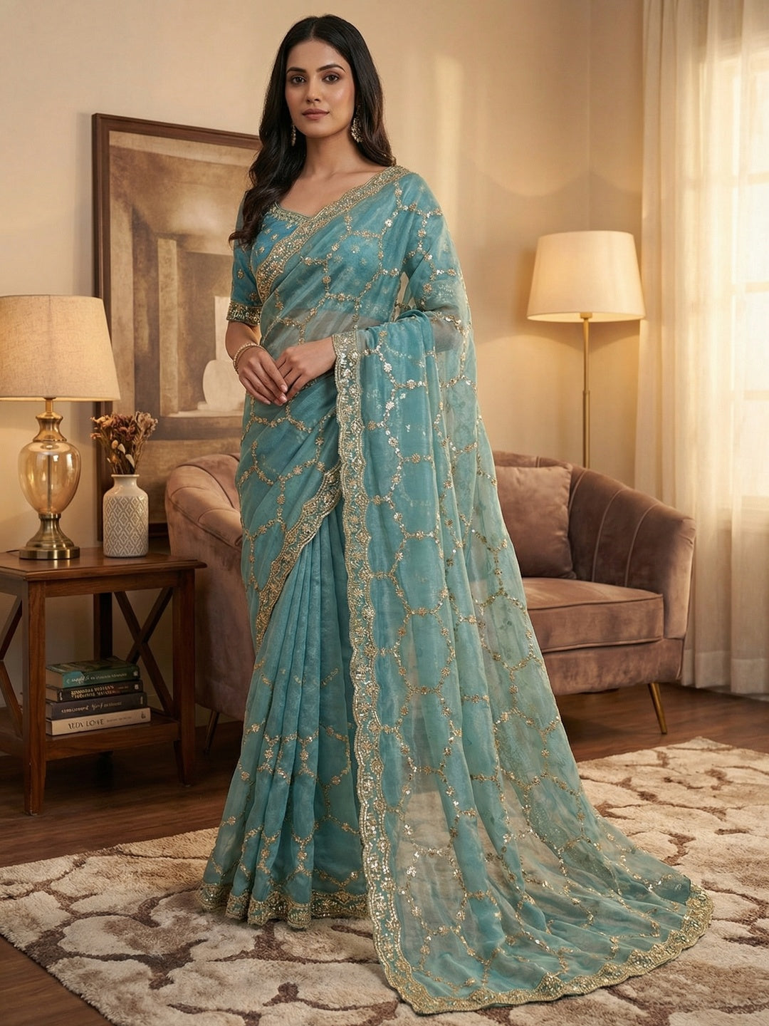 Elegant Blue Shimmer Saree Adorned With Intricate Sequins Embroidery Work - Image 1