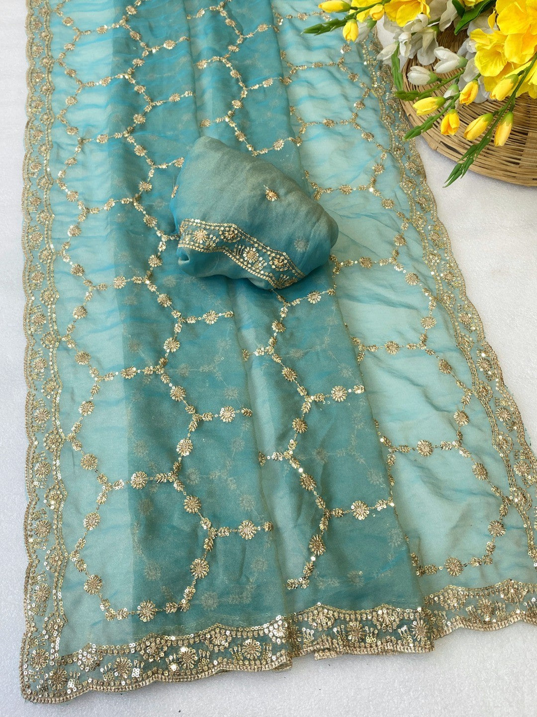 Elegant Blue Shimmer Saree Adorned With Intricate Sequins Embroidery Work - Image 5