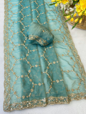 Elegant Blue Shimmer Saree Adorned With Intricate Sequins Embroidery Work - Image 2
