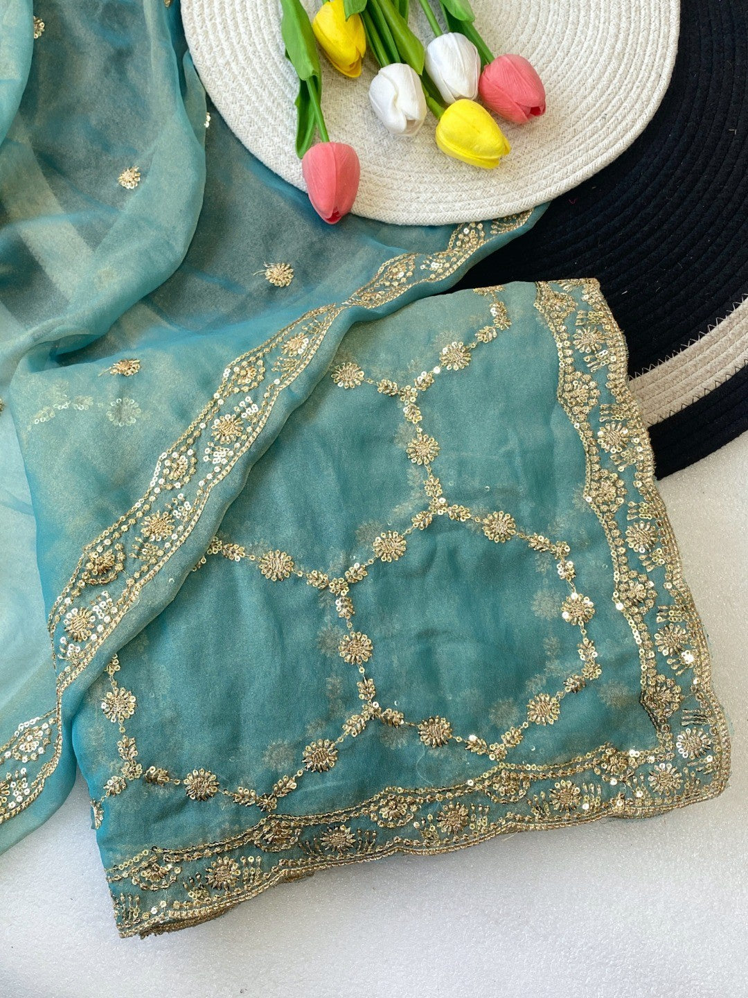Elegant Blue Shimmer Saree Adorned With Intricate Sequins Embroidery Work - Image 4