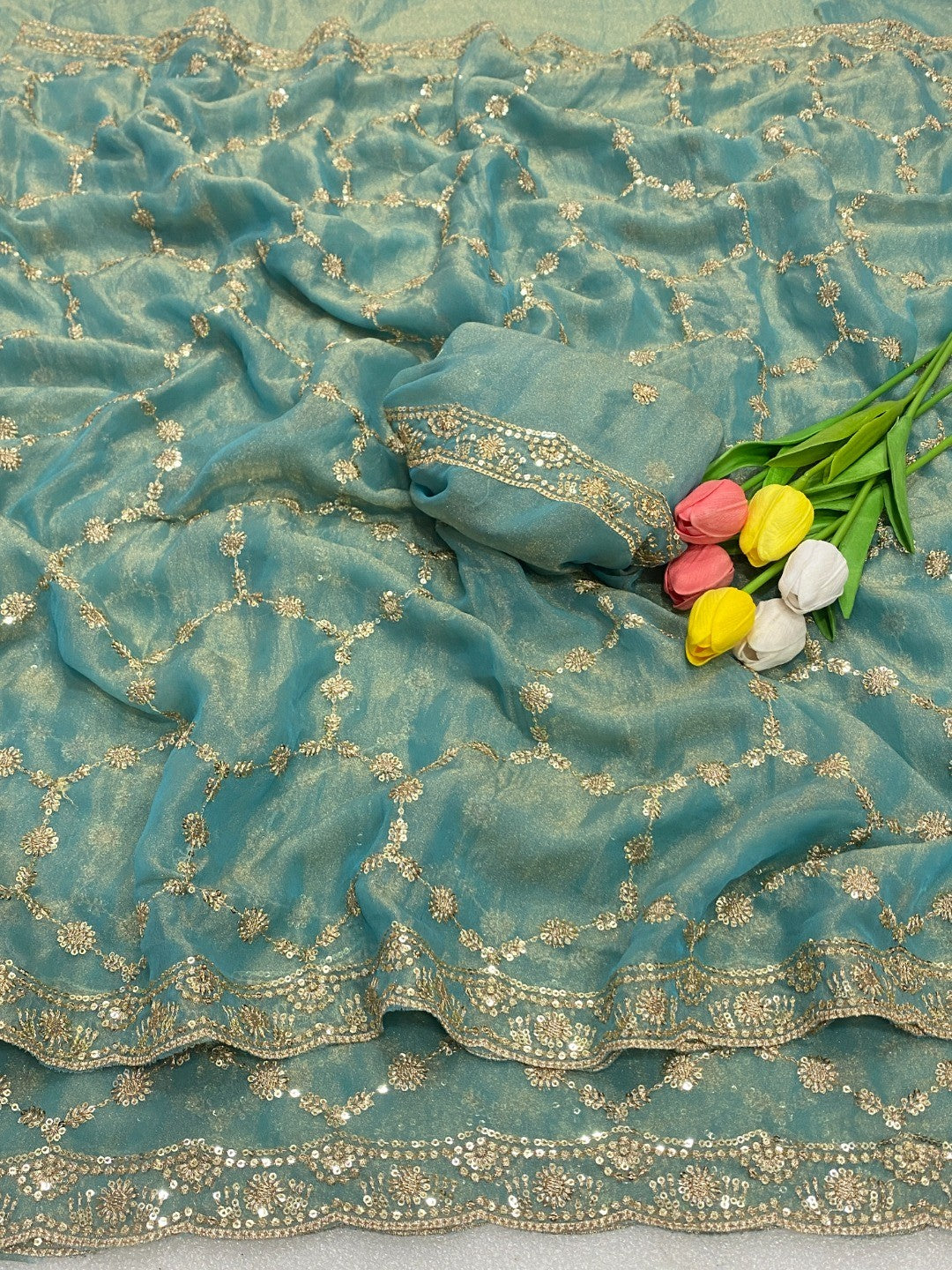 Elegant Blue Shimmer Saree Adorned With Intricate Sequins Embroidery Work - Image 3