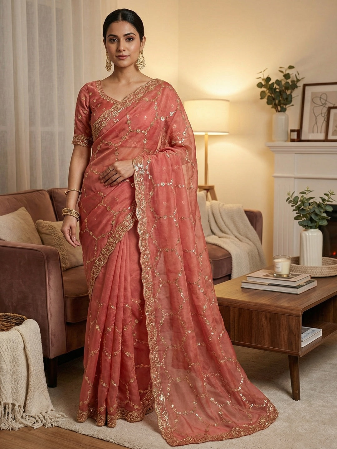 Elegant Gajari Pink Shimmer Saree Adorned With Intricate Sequins Embroidery Work - Image 1