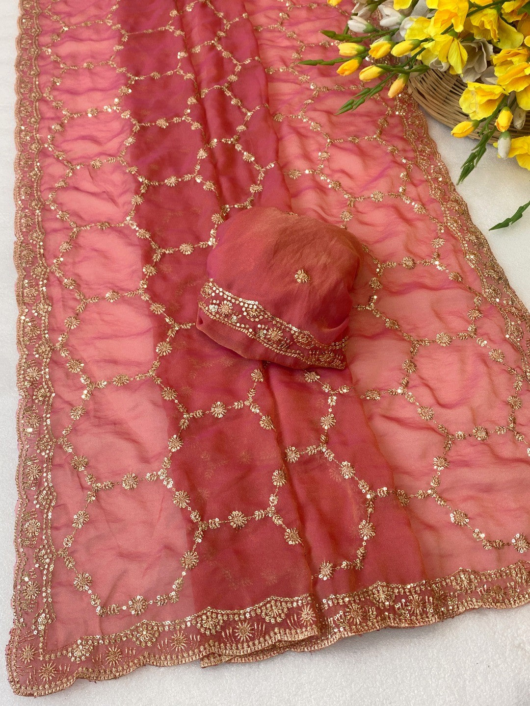 Elegant Gajari Pink Shimmer Saree Adorned With Intricate Sequins Embroidery Work - Image 3