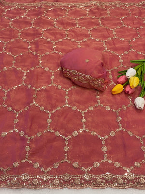 Elegant Gajari Pink Shimmer Saree Adorned With Intricate Sequins Embroidery Work - Image 2
