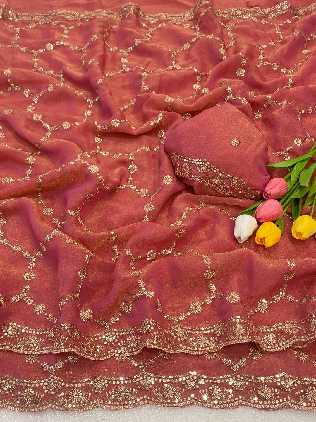 Elegant Gajari Pink Shimmer Saree Adorned With Intricate Sequins Embroidery Work - Image 5