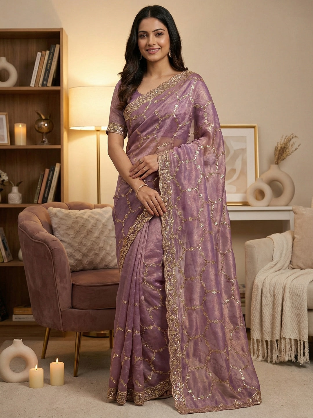 Elegant Lavneder Shimmer Saree Adorned With Intricate Sequins Embroidery Work - Image 1