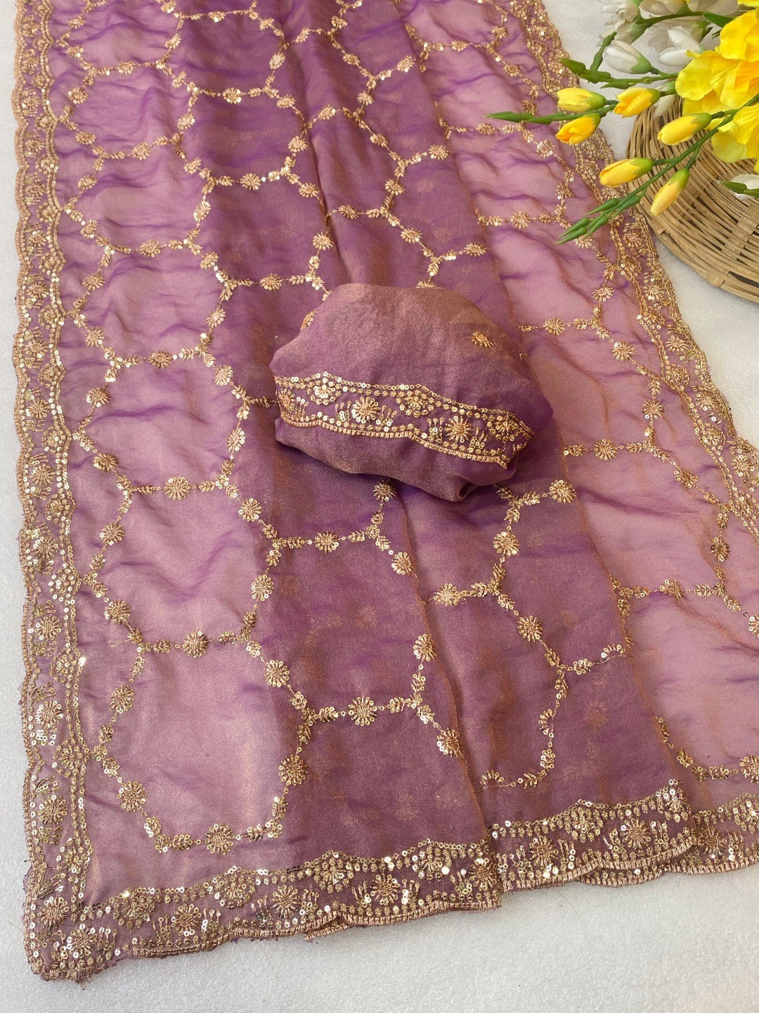 Elegant Lavneder Shimmer Saree Adorned With Intricate Sequins Embroidery Work - Image 5