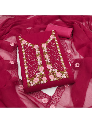 Pink Shimmer Dress Material with Floral Embroidery and Dupatta - Image 1