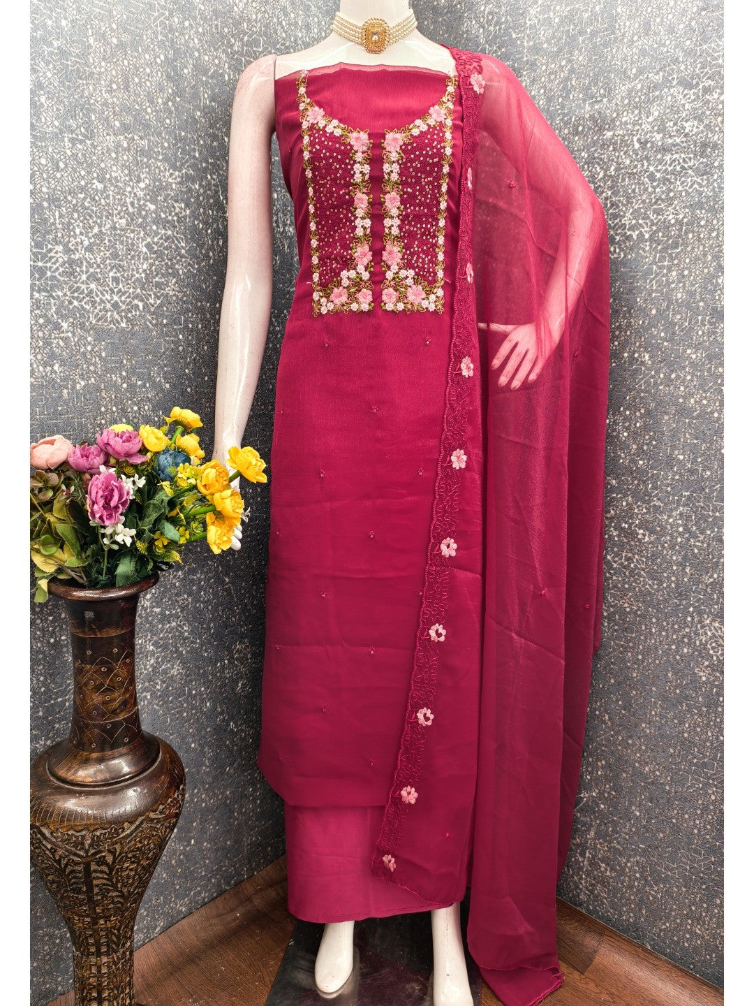 Pink Shimmer Dress Material with Floral Embroidery and Dupatta - Image 4