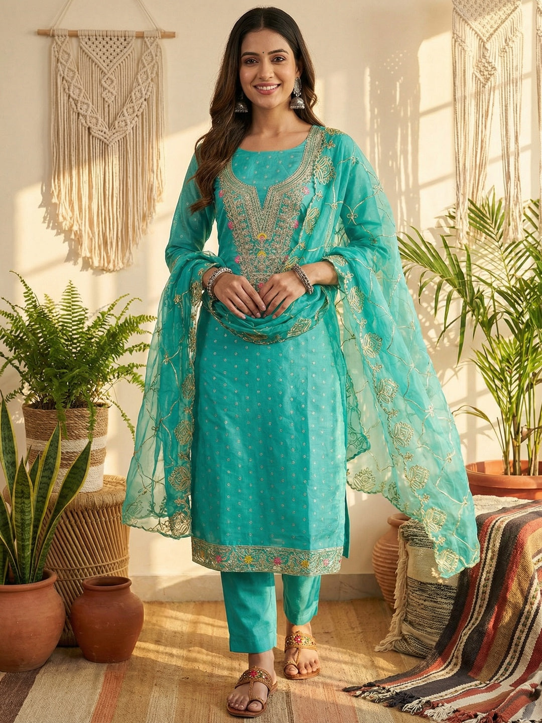 Turquoise Chanderi Cotton Dress Material Featuring Intricate Thread Embroidery - Image 1