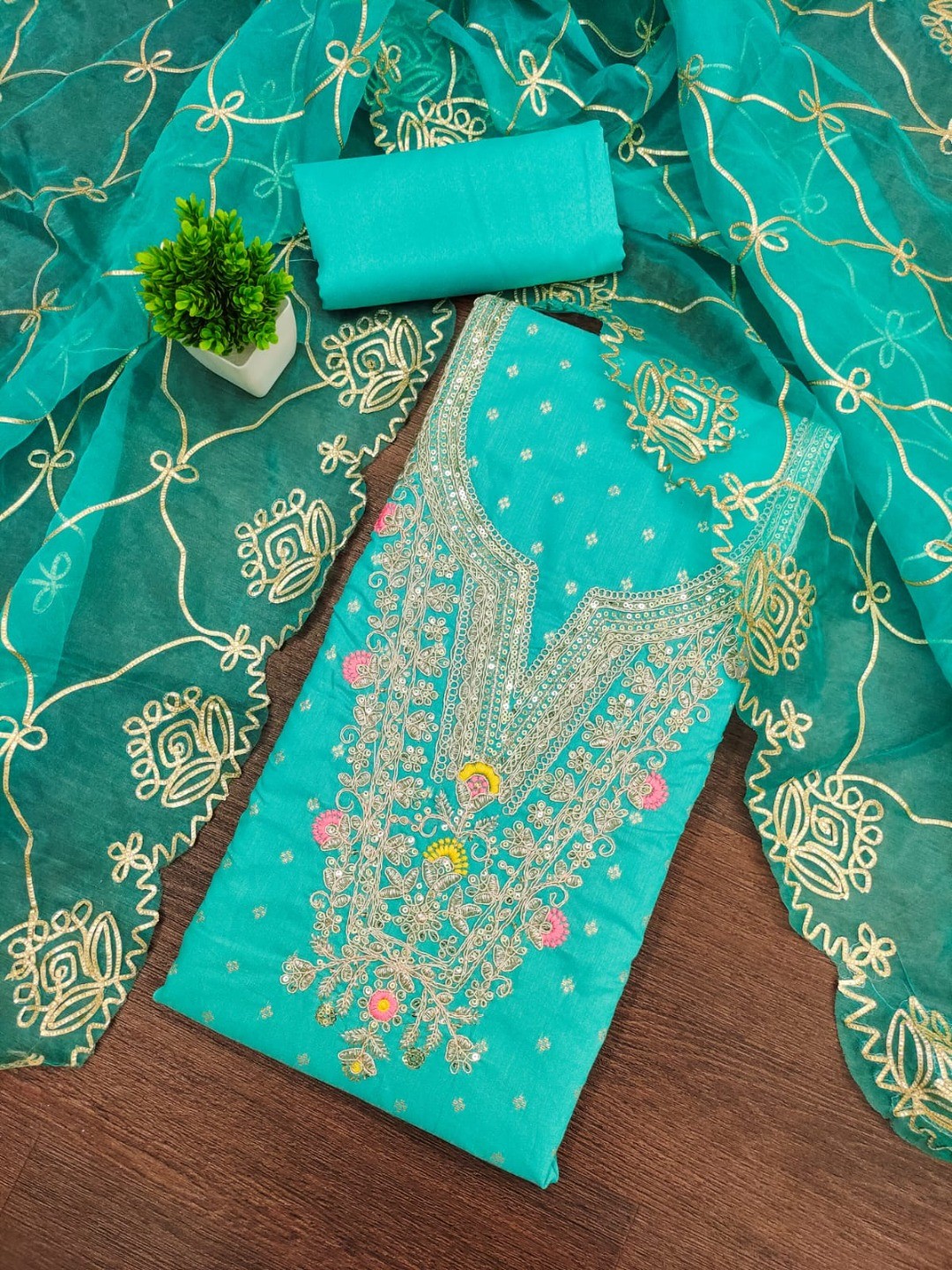 Turquoise Chanderi Cotton Dress Material Featuring Intricate Thread Embroidery - Image 2
