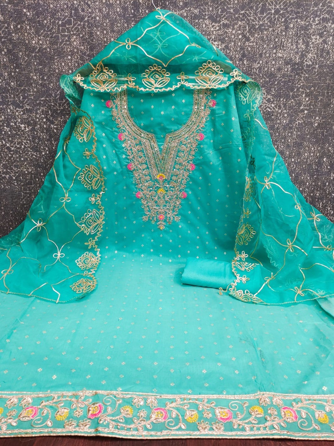 Turquoise Chanderi Cotton Dress Material Featuring Intricate Thread Embroidery - Image 4